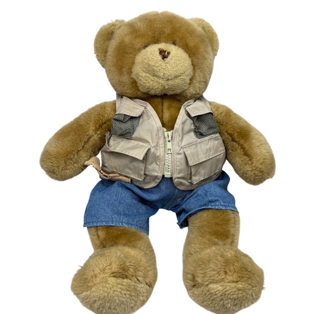 Build-A-Bear Workshop Teddy Bear Plush Stuffed Animal Khaki Vest Denim Shorts